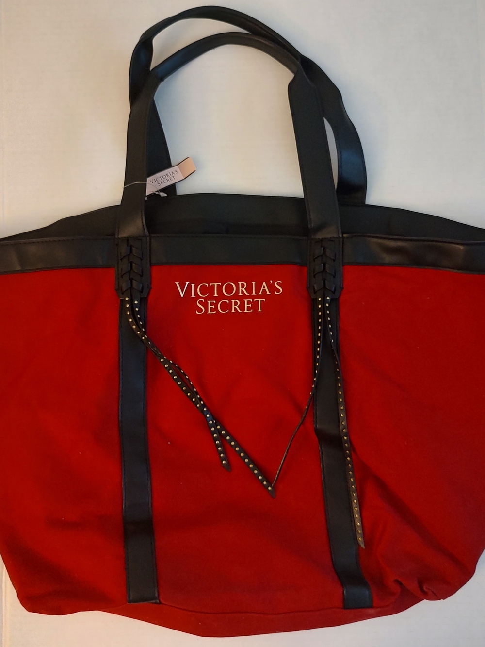 Victoria's Secret Red and Black Canvas Tote with Studded Trim